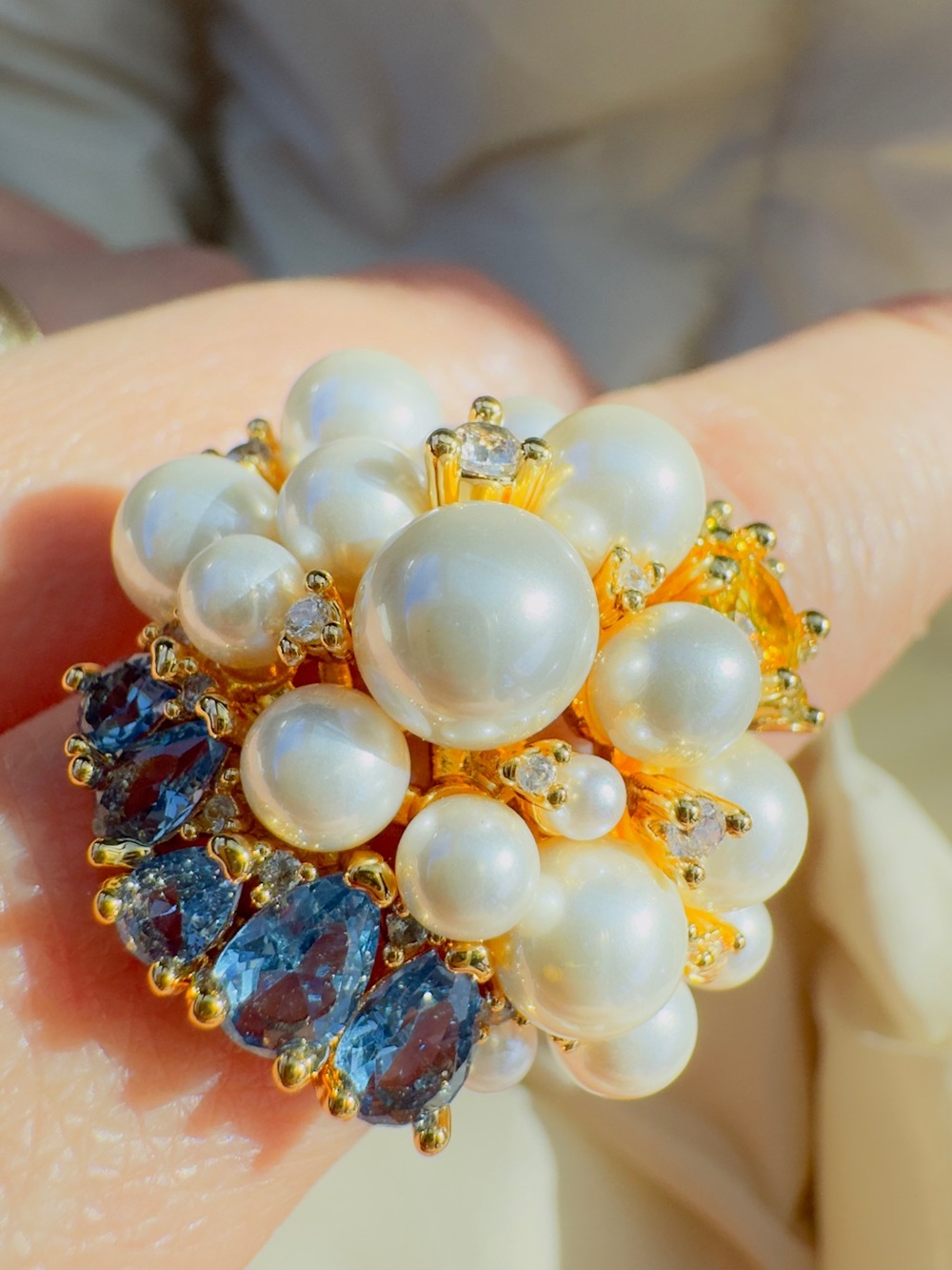 Faux Pearl Blue Crystal Adjustable Statement Ring
